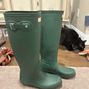 Hunter green knee high rain boots